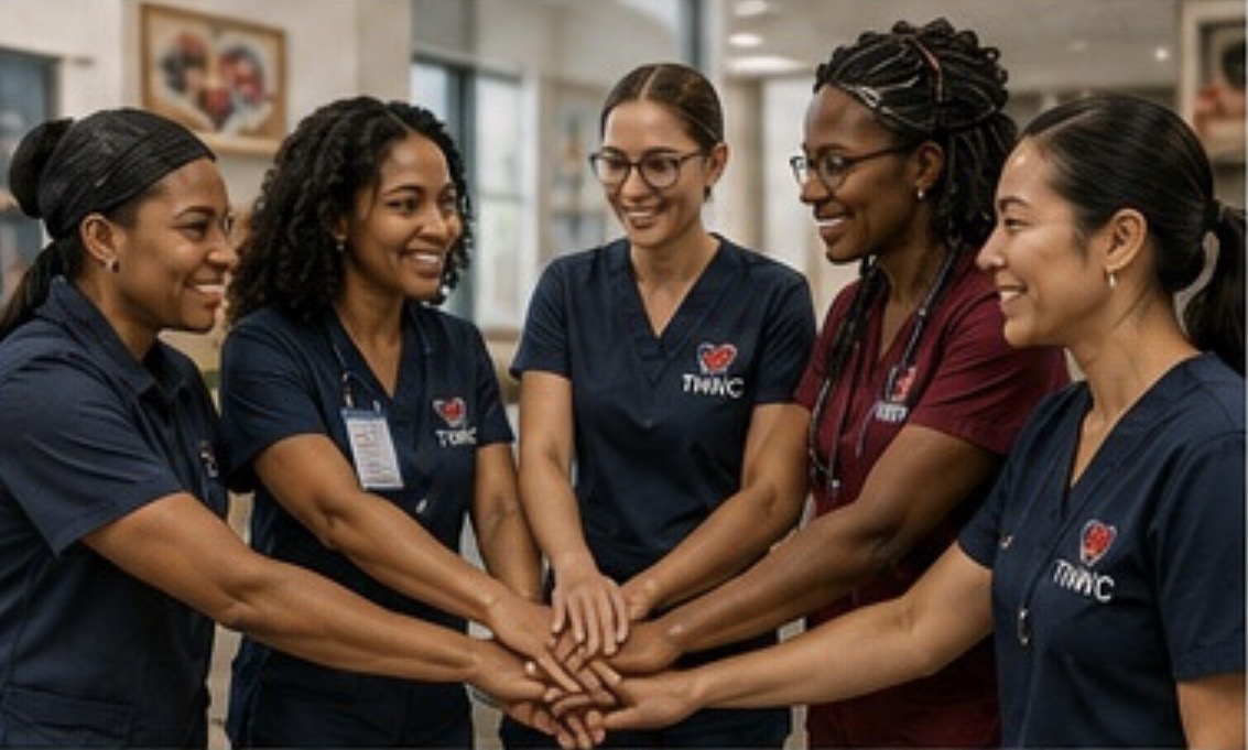 Five nurses in TamiaJoy's Nursing with Care scrubs joining hands in a team huddle
