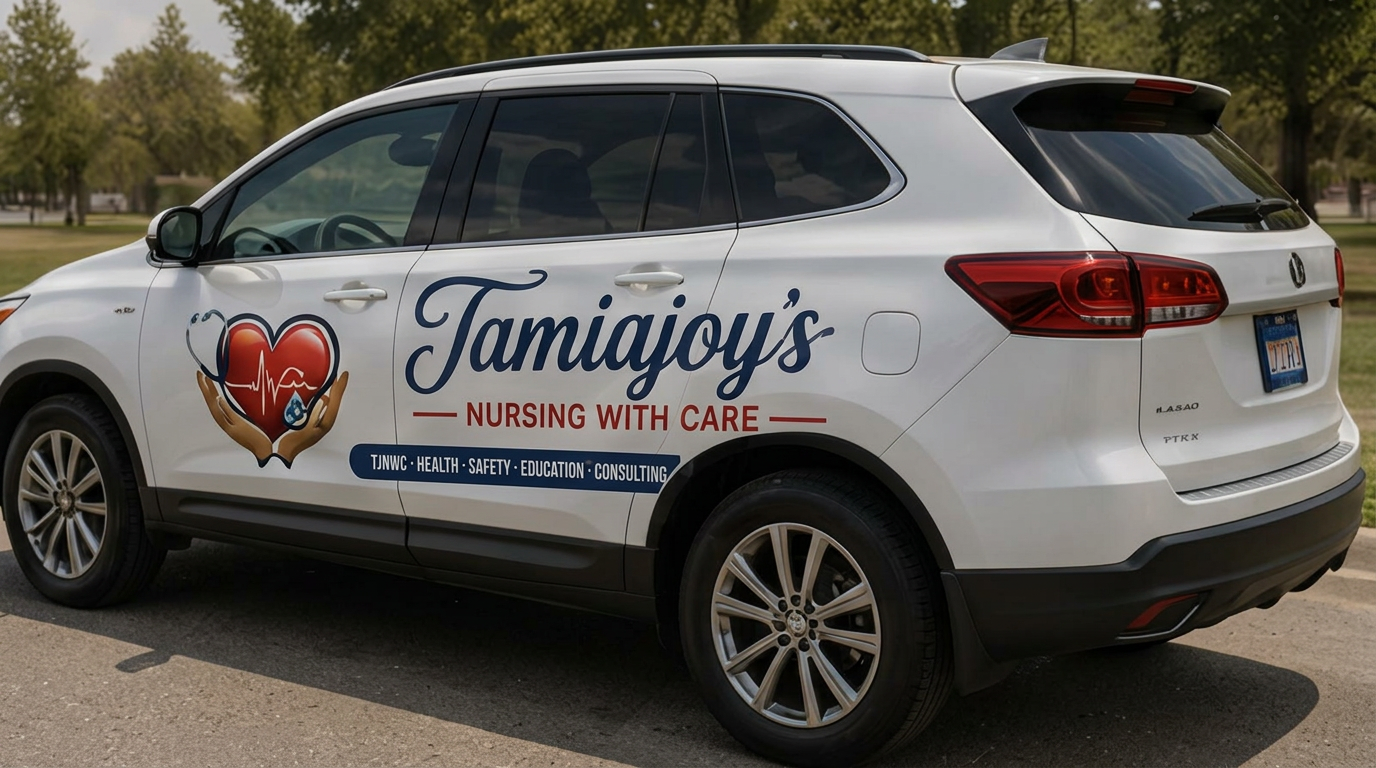 A TamiaJoy's Nursing with Care branded vehicle used for on-site visits