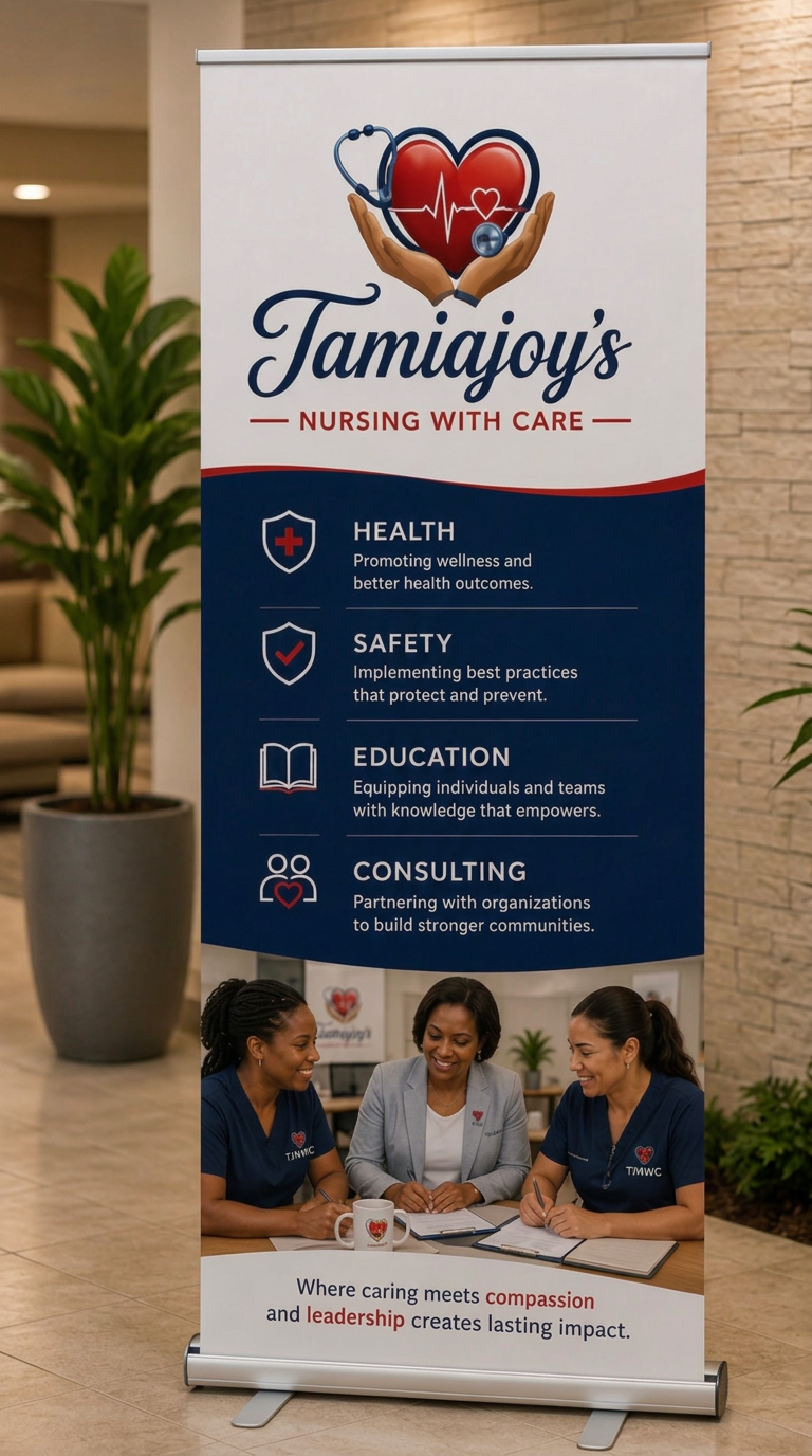 TamiaJoy's Nursing with Care banner listing health, safety, education and consulting