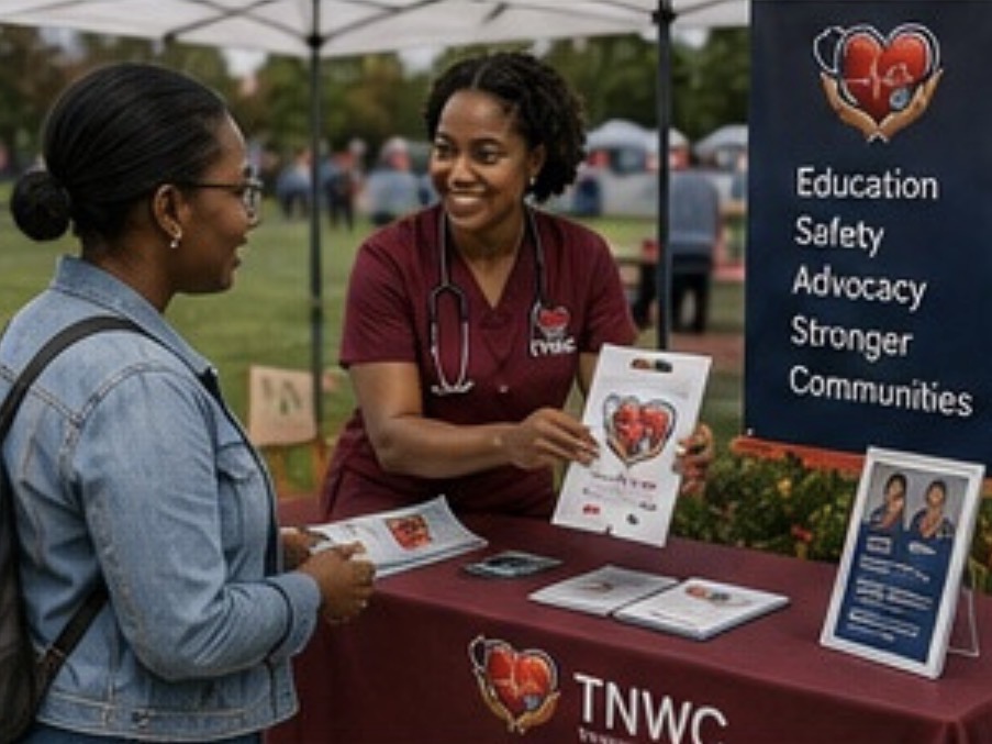 A nurse sharing health education materials with a community member at an outreach table