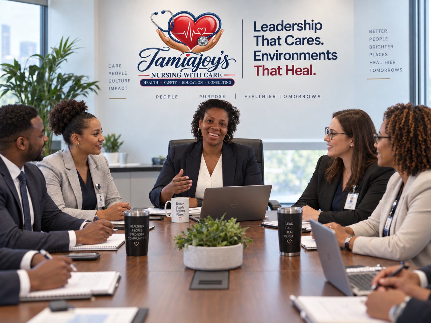 Rashonbah T. Rogers leading a team meeting at a conference table beneath the TamiaJoy's Nursing with Care wall graphic