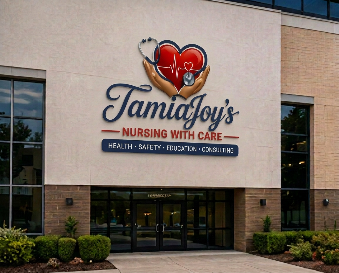TamiaJoy's Nursing with Care exterior building signage with heart, stethoscope and caring hands logo