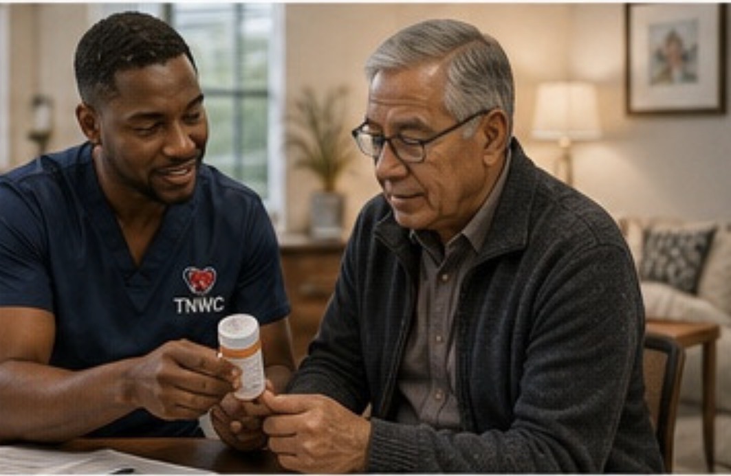 A nurse reviewing a prescription bottle with an older adult at his kitchen table