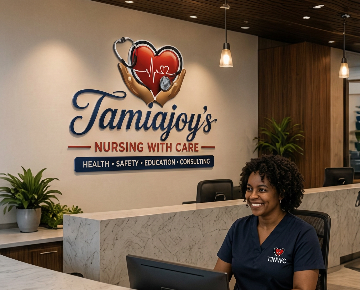 Reception desk beneath the TamiaJoy's Nursing with Care signage