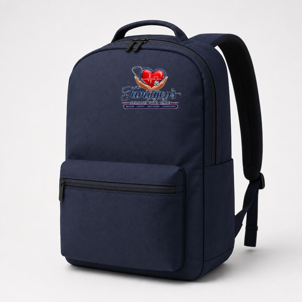 Navy backpack with the TamiaJoy's Nursing with Care logo on the front panel