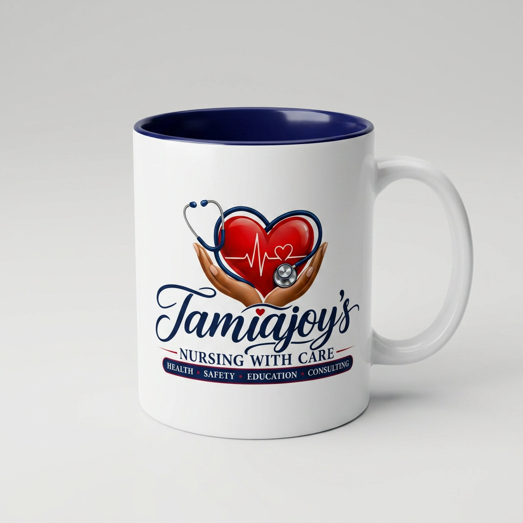 White ceramic mug with navy interior and the TamiaJoy's Nursing with Care logo