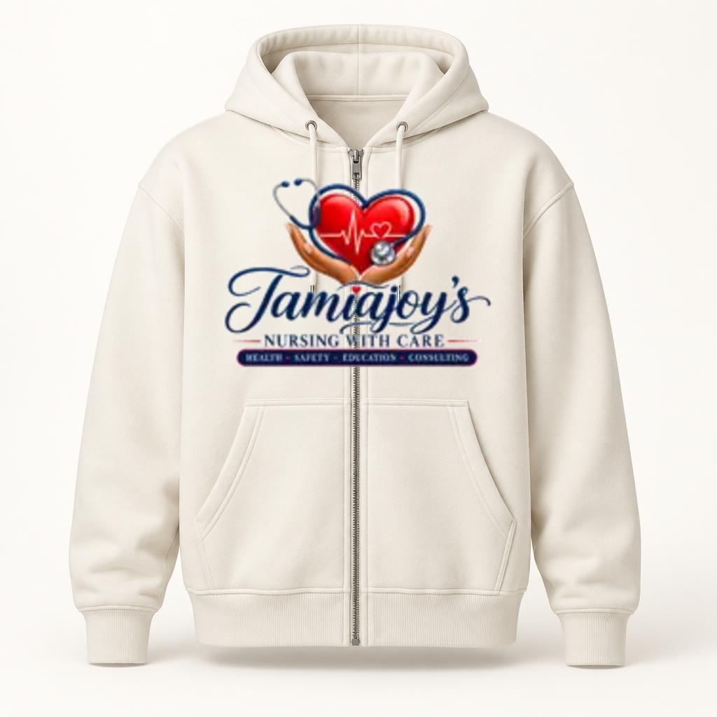 Cream full-zip hoodie with the official TamiaJoy's Nursing with Care logo centered on the front