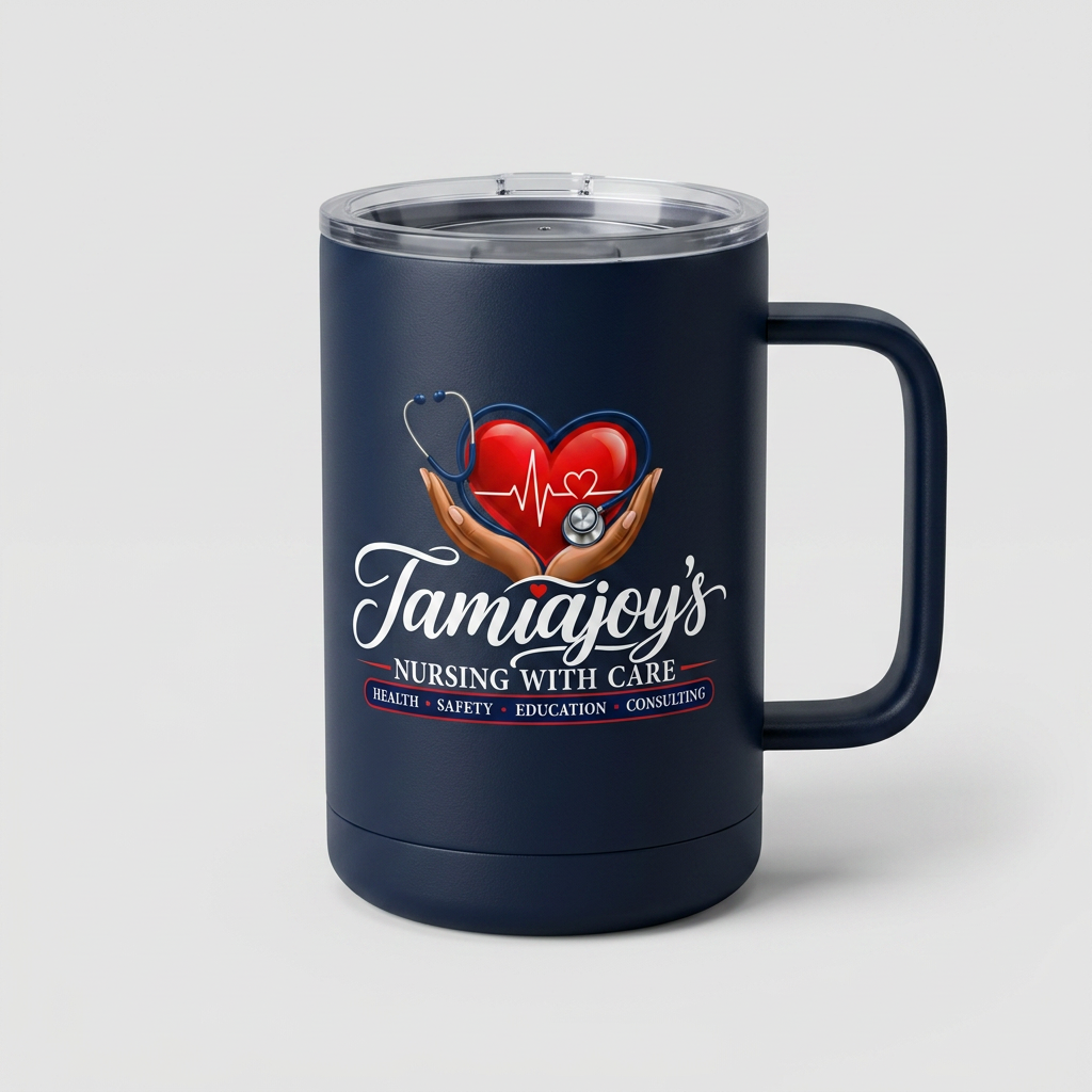 Navy handled travel tumbler with the TamiaJoy's Nursing with Care logo