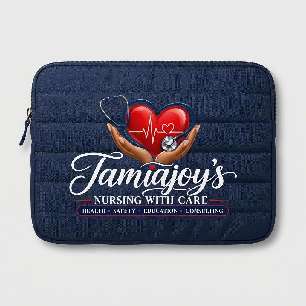 Navy padded laptop sleeve with the TamiaJoy's Nursing with Care logo
