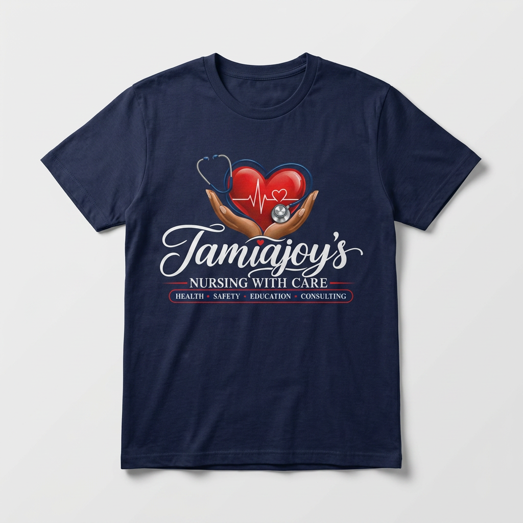 Navy unisex signature tee with the TamiaJoy's Nursing with Care logo