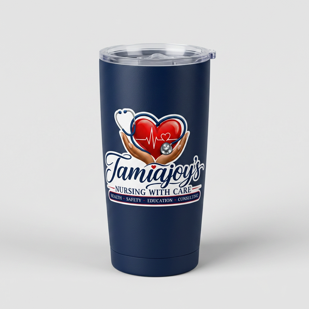 Navy 20 ounce stainless steel tumbler with the TamiaJoy's Nursing with Care logo