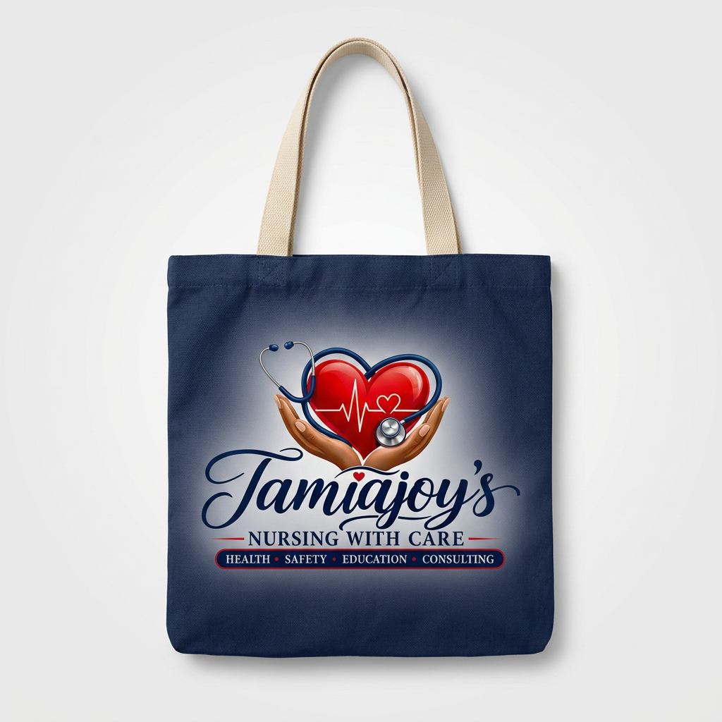 Navy cotton equipment tote with the TamiaJoy's Nursing with Care logo
