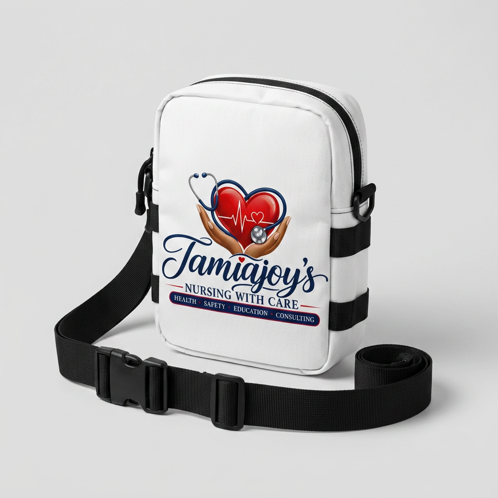White utility crossbody bag with black strap and the TamiaJoy's Nursing with Care logo