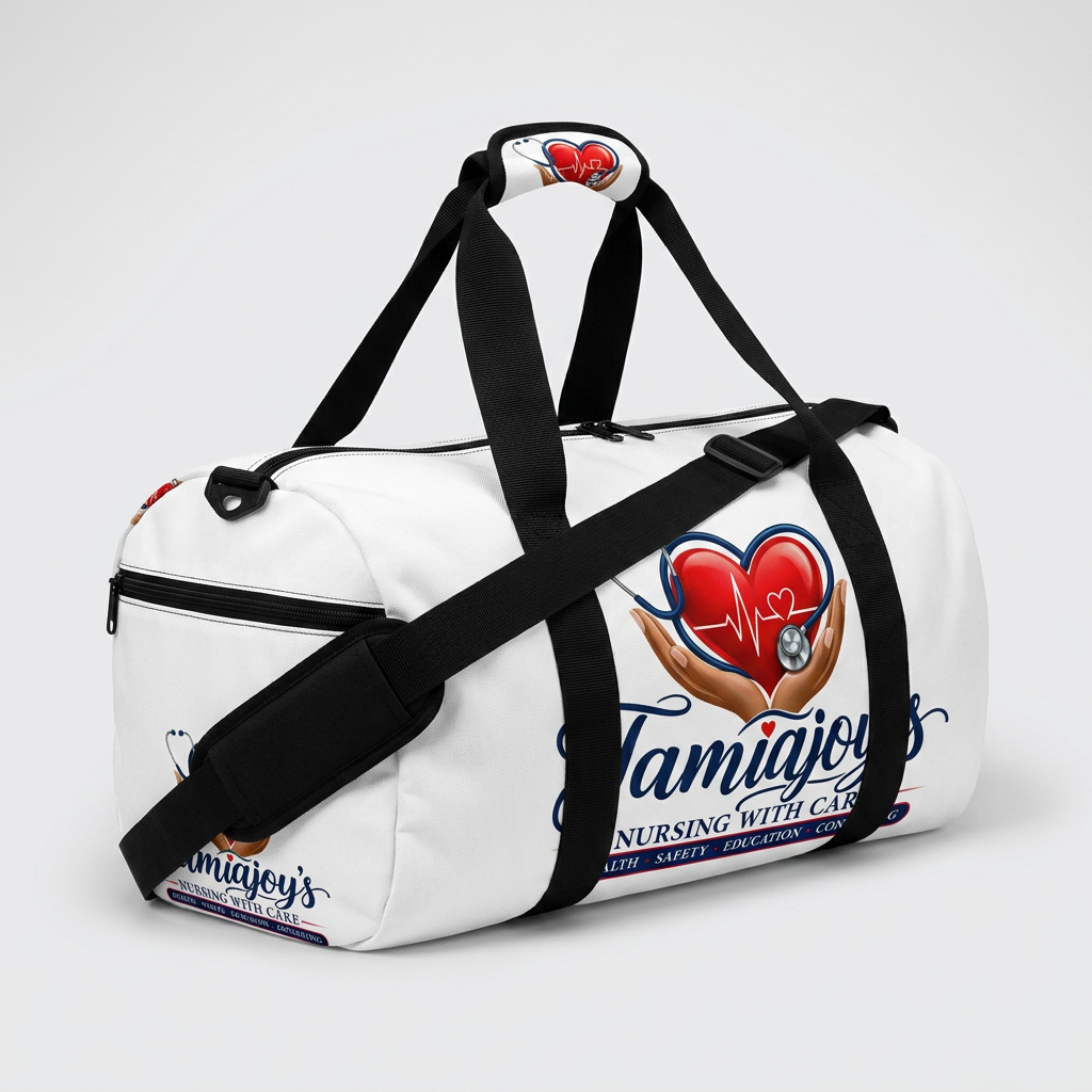White and black equipment duffel with the TamiaJoy's Nursing with Care logo